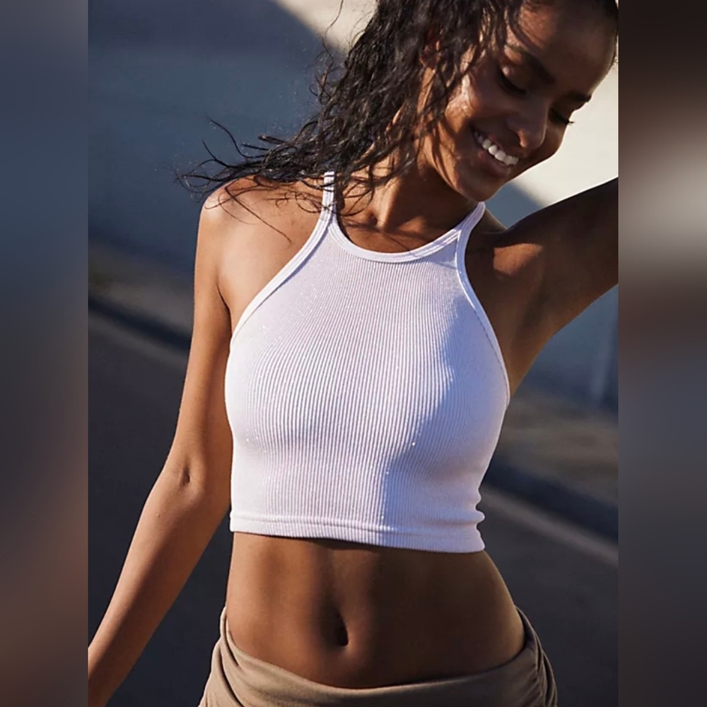 NWT FP Movement by Free People Happiness Runs Lurex Crop Top XS/S in White